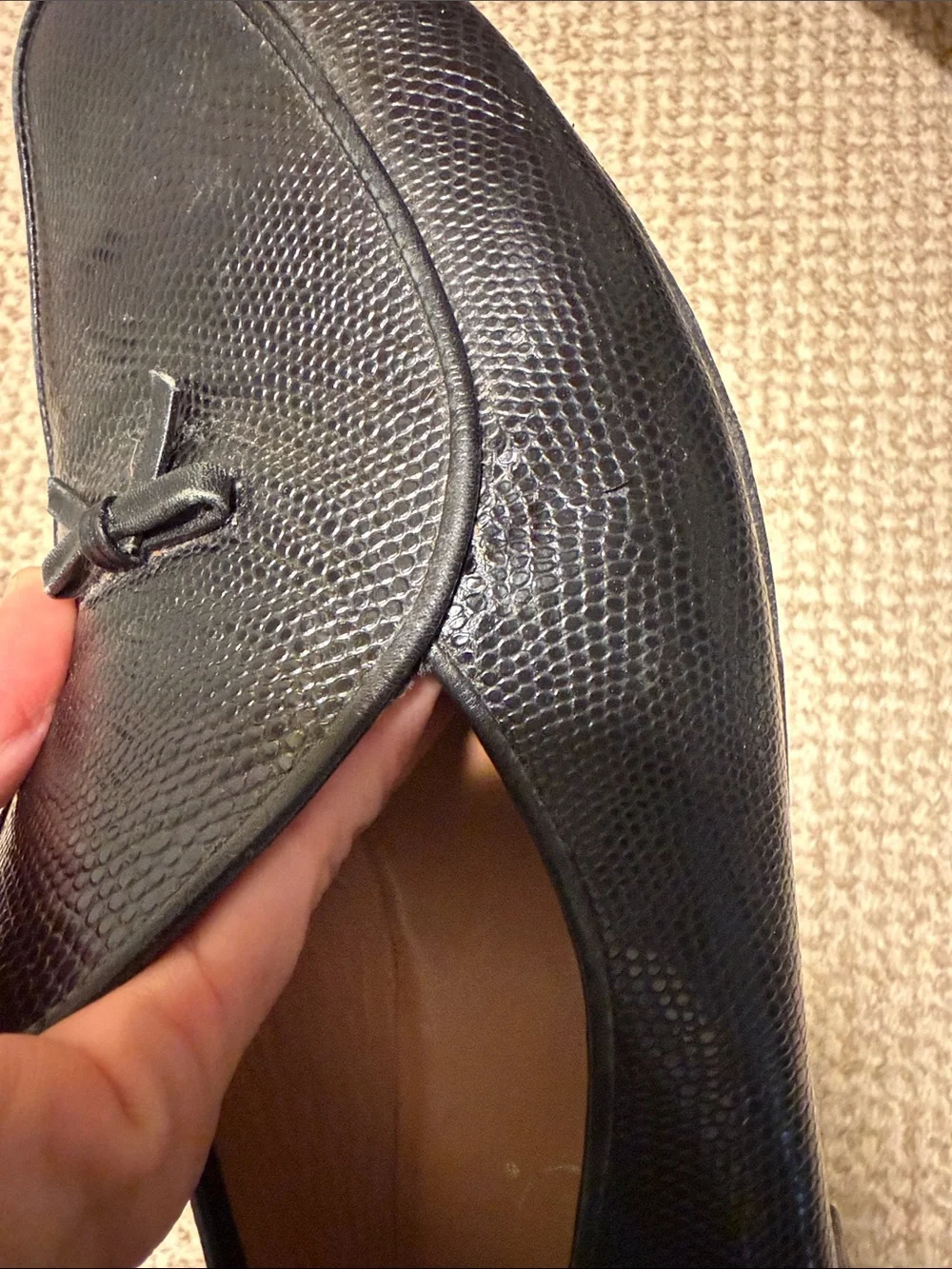 Authentic Belgian Shoes Black Lizard-Texture Loafers